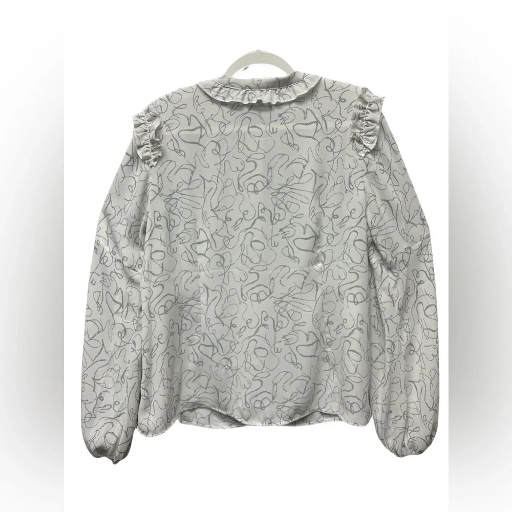 CAbi White Gray Abstract Ribbon Button Blouse